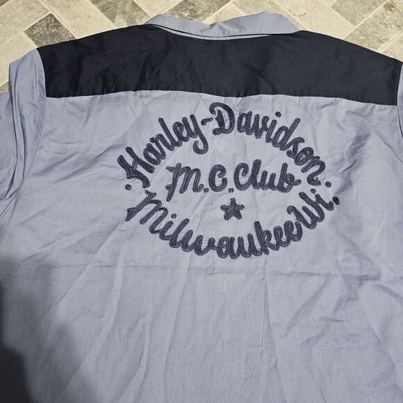 Harley Davidson Men's  3XL Club Crew Short Sleeve Button Down Shirt Colony Blue - Picture 7 of 8